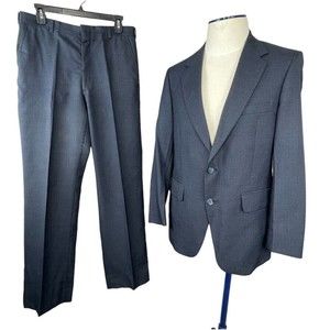 40 L Whitney Wallachs Vintage Black Stripes Wool Mens  Suit 2 Pieces